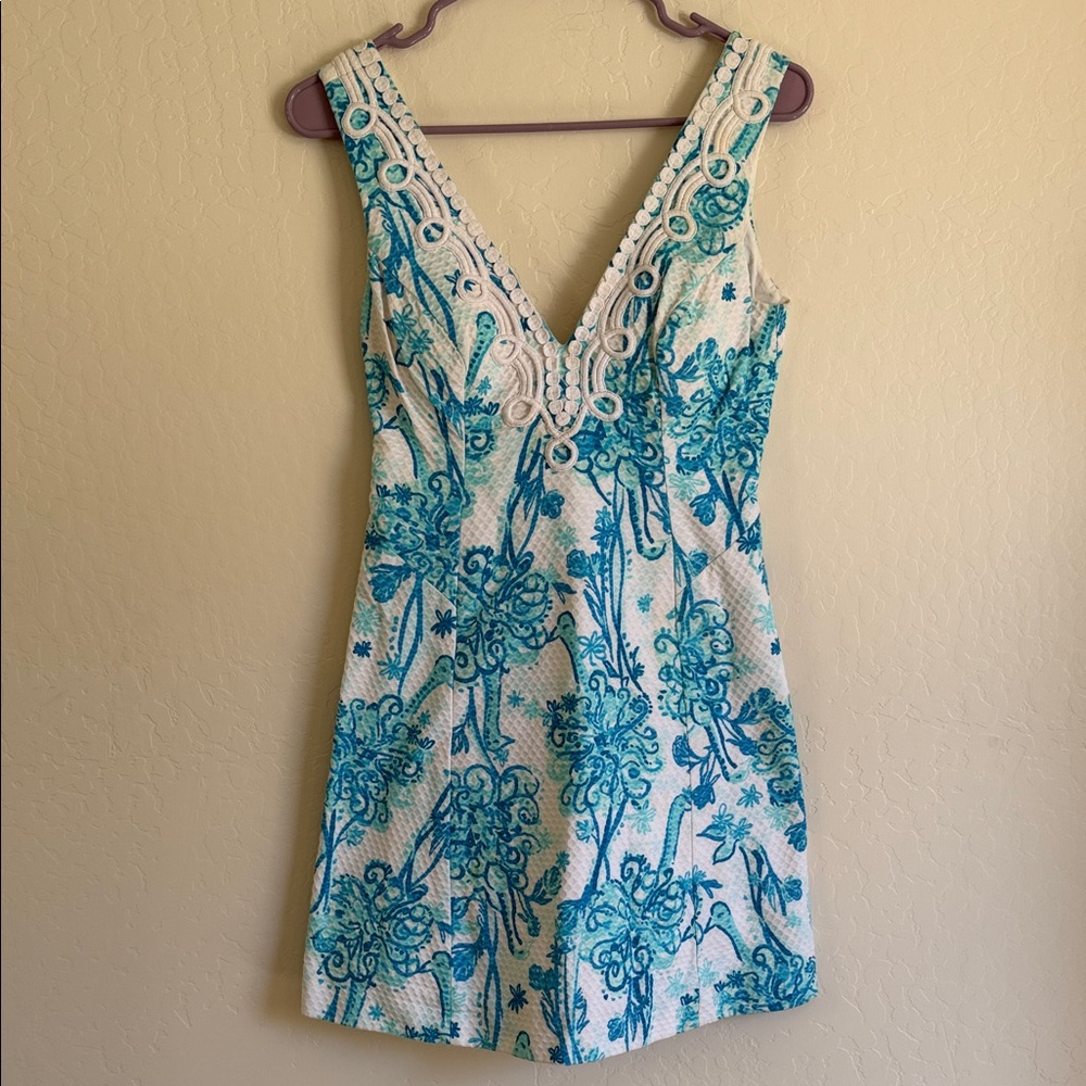 Lilly Pulitzer Brynn White and Turquoise V-Neck Mini Dress